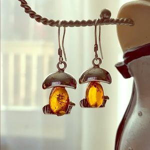 Sterling silver Baltic Amber mushroom earrings
